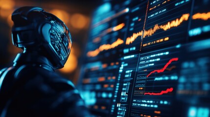 Poster - Futuristic AI robot analyzing complex data on multiple digital screens in a high-tech environment