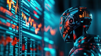 Poster - Futuristic AI robot analyzing financial data on digital screens, showcasing advanced technology and innovation.