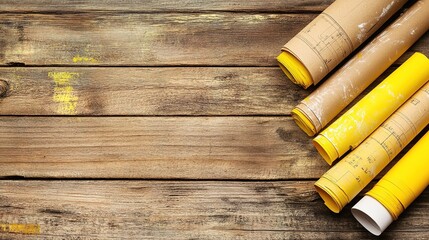 Poster - Rolled blueprints and architectural plans on a rustic wooden table, showcasing detailed designs and sketches in vibrant yellow and brown colors, perfect for construction and design projects.