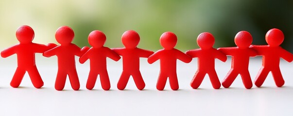Poster - Red figurines holding hands in a row, symbolizing teamwork and unity