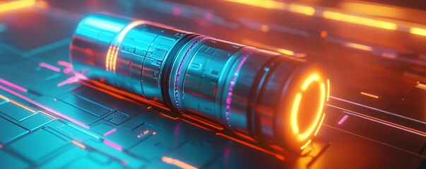 Leinwandbilder - Futuristic metallic cylinder with glowing orange ring illuminating circuit board