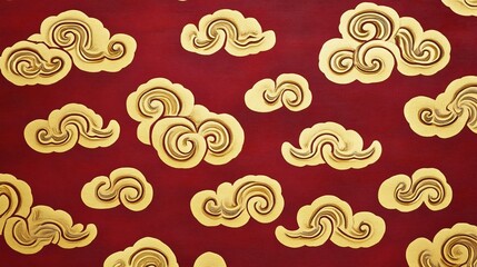 Wall Mural - Mythical Chinese Cloud and Wave Pattern in Elegant Crimson and Gold