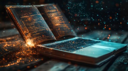 Poster - Magical Abstract Book and Open Laptop on Wooden Table, Surreal Digital Data Flow, Nighttime Ambient Lighting, Mystical Knowledge and Technology Fusion, Sparks and Glowing Lights, Learning Concept