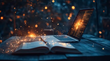 Aufkleber - A laptop and an open book are on a wooden table with magic glowing around them.