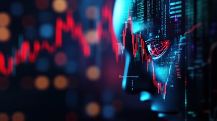Poster - Futuristic digital interface with a human face and data analytics in a neon glow, symbolizing AI technology and innovation.