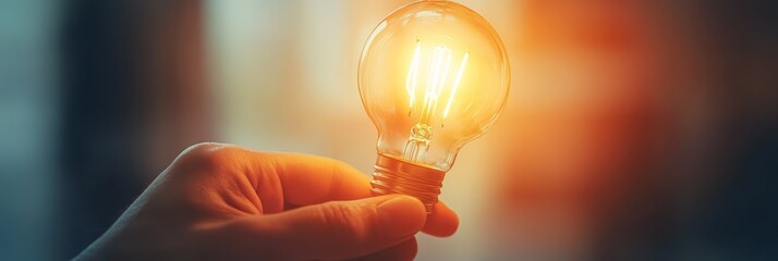 Poster - Hand holds a glowing light bulb, symbolizing new ideas and innovation, sparking progress and success