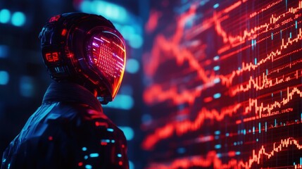 Poster - Futuristic figure analyzing digital stock market trends with a holographic interface displaying data charts and numbers.