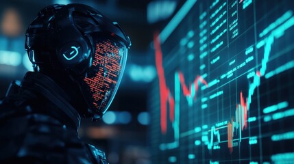 Poster - Futuristic person analyzing data on digital display with vibrant graphics and futuristic helmet.