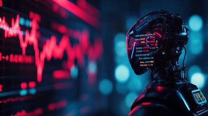 Poster - Futuristic robot analyzes glowing red data charts, representing advanced AI technology and innovation in digital analytics.