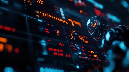 Poster - Futuristic robot analyzing data on digital screen, illuminated in neon lights. Advanced AI technology and innovation.