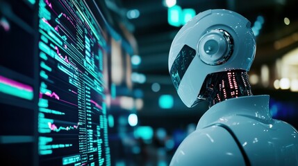 Poster - Futuristic robot analyzing data on digital screen in modern tech environment, showcasing innovation and AI technology.
