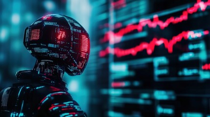 Poster - Futuristic robot analyzing digital data charts, highlighting AI's impact on modern technology and information processing.