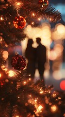 Wall Mural - Festive Christmas tree adorned with glowing lights and red ornaments, framing a romantic silhouette of a couple embracing in the soft, blurred background.