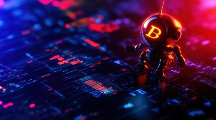 Poster - Futuristic robot exploring vibrant digital landscape, illuminated by neon lights and data streams.