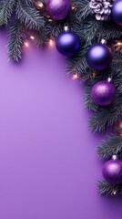 Wall Mural - festive purple christmas border with shimmering ornaments and pine branches, creating a luxurious ho