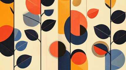 Wall Mural - Balanced Bauhaus composition of geometric plant shapes in primary tones
