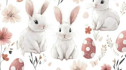 Poster - Seamless pattern featuring adorable white rabbits with pink noses, pink speckled eggs, and delicate floral accents on a white background.
