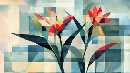 Wall Mural - Cubist flowers with sharp shapes and bold hues on a structured backdrop