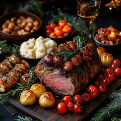 a roasted beef tenderloin with rosemary sprigs, roasted potatoes, and cherry tomatoes, served on a w