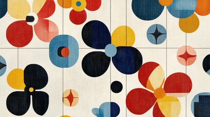 Wall Mural - Minimalist flowers arranged in a grid with Bauhaus colors and clean lines