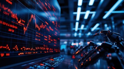Poster - Futuristic robotic arm analyzing digital stock market data on glowing screens in a modern tech environment.