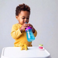 Wall Mural - A cute black toddler is drinking from a colorful Baby bottle with Dinos on a white Background