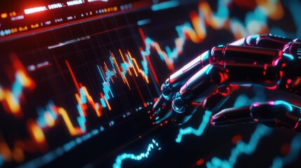 Poster - Futuristic robotic hand interacting with digital financial data and analytics in a high-tech environment.