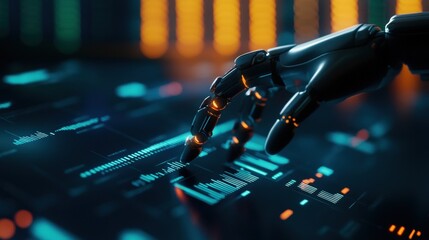 Poster - Futuristic robotic hand interacting with digital interface showcasing modern tech advancements and innovation.