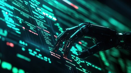 Poster - Futuristic robotic hand interacting with digital interface, glowing data streams.