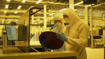 Poster - Cleanroom Technicians Hold Silicon Wafer in a Advanced Semiconductor Fabrication Facility. High Tech Machinery, Lithography Etching Equipment, Precision of Modern Microchip Production Processes.