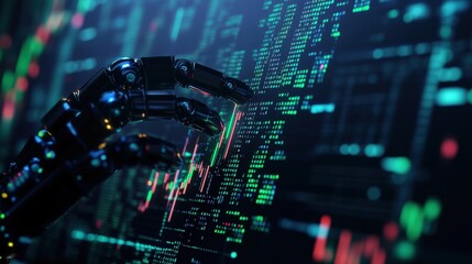Poster - Futuristic robotic hand interacting with digital screen displaying data and graphs in a tech environment.