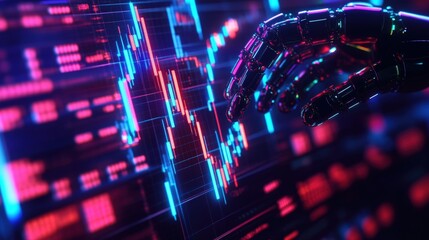 Poster - Futuristic robotic hand interacts with vibrant digital interface, showcasing innovation and technology advancements.