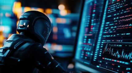Poster - Futuristic scene with a person in dark attire analyzing data on multiple screens. Vibrant digital interface display.