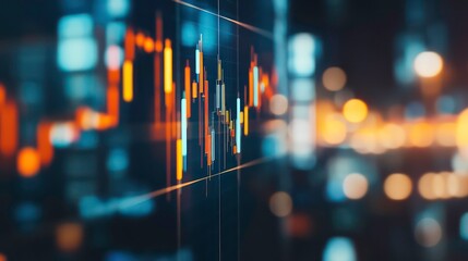 Poster - A close-up of a stock market chart on a screen with a blurred city lights background.