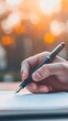 © olga_demina - Close up of a hand elegantly holding a fountain pen, writing on a notebook page, bathed in the warm glow of a sunset, creating content in a serene outdoor setting