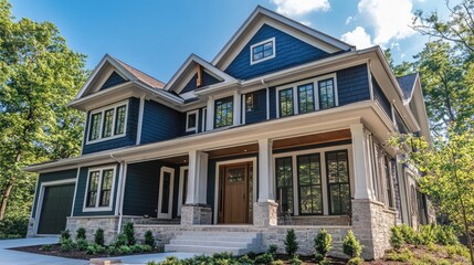 Poster - A modern two-story house with a blue exterior, white trim, and a stone foundation.