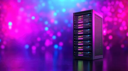 Leinwandbilder - A futuristic server tower surrounded by colorful, abstract lighting, emphasizing technology and digital innovation.