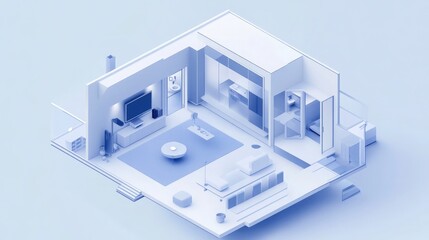 Poster - A 3D rendering of a modern apartment, showcasing the open floor plan and minimalist design with a blue hue. The living room features a large TV, comfortable couch, and a coffee table.