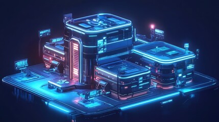 Poster - A futuristic cityscape rendered in 3D with neon lights and sleek, angular buildings. The blue and pink hues create a cool and vibrant atmosphere.