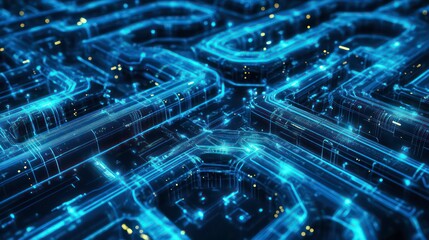Fototapete - Abstract futuristic digital technology background with glowing blue lines and nodes.