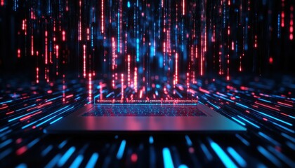 Poster - A futuristic digital landscape featuring vibrant blue and red data streams emanating from a central processor, symbolizing advanced technology and information flow.