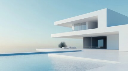Poster - A modern, white house with a pool in front of it, overlooking the ocean in the distance.
