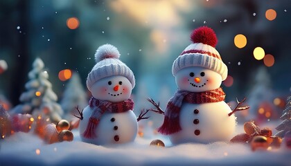 Wall Mural - Cute Snowmen in Christmas Scene