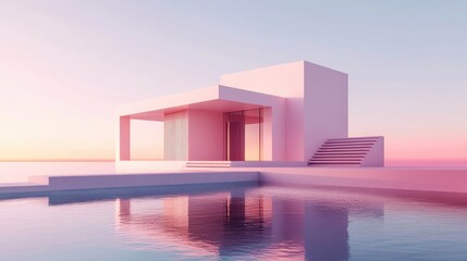 Poster - Minimalist pink house with a swimming pool, set against a pastel sunset sky.