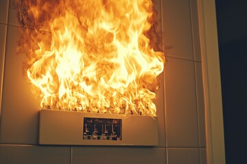 Leinwandbilder - Electrical Panel Fire Hazard Burning Fuse Box on Wall