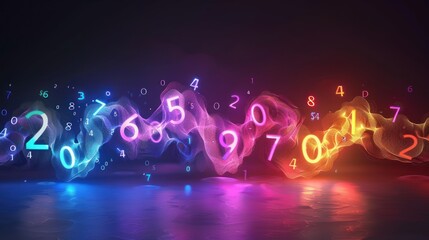 A vibrant and abstract neon light display of numbers in a digital wave pattern on a dark background.