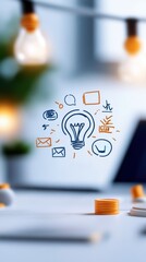 Aufkleber - A bright workspace featuring a light bulb illustration with icons representing ideas, communication, and technology.