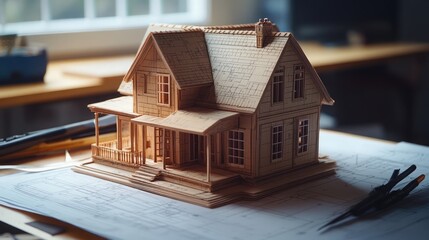 Poster - A wooden model home sits on top of blueprints, a reminder of the planning and design that goes into building a dream home.