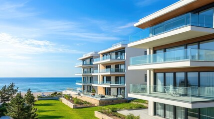 Poster - Modern beachfront apartment building with large windows and balconies offering stunning ocean views.