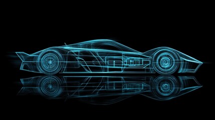 Poster - Futuristic car outlined in neon blue wireframe, hovering on a dark background. Advanced tech and sleek design capture a cutting-edge look.